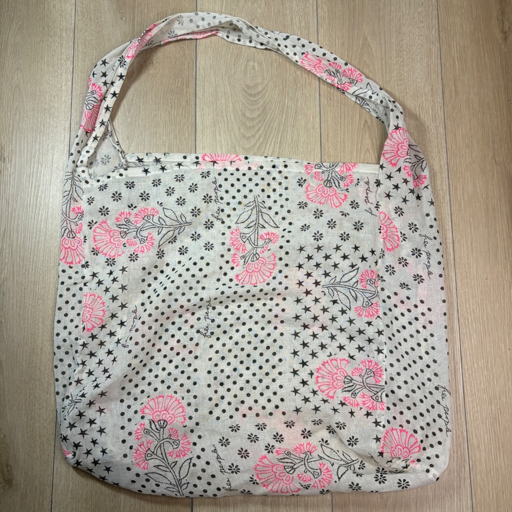 Free People Floral Star Polka Dot Reusable Fabric Tote Bag White Pink Black FP
